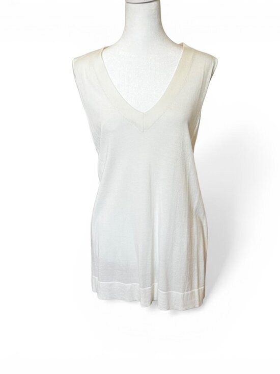 LOFT Ivory Sleeveless V-Neck Knit Top Soft Minimalist Quiet Luxury Career - Picture 2 of 8